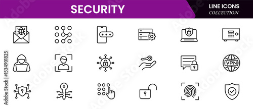 Robust vector web line icons depicting security, protection, cybersecurity, locks, encryption, and safe digital environments for user trust.