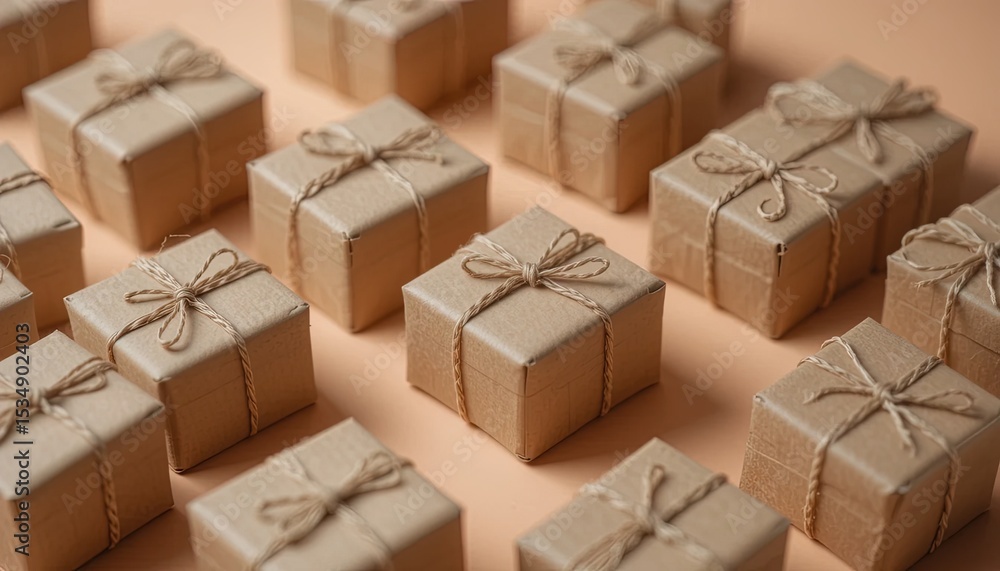 Fototapeta premium Organized kraft paper gift boxes arranged on a pastel background.