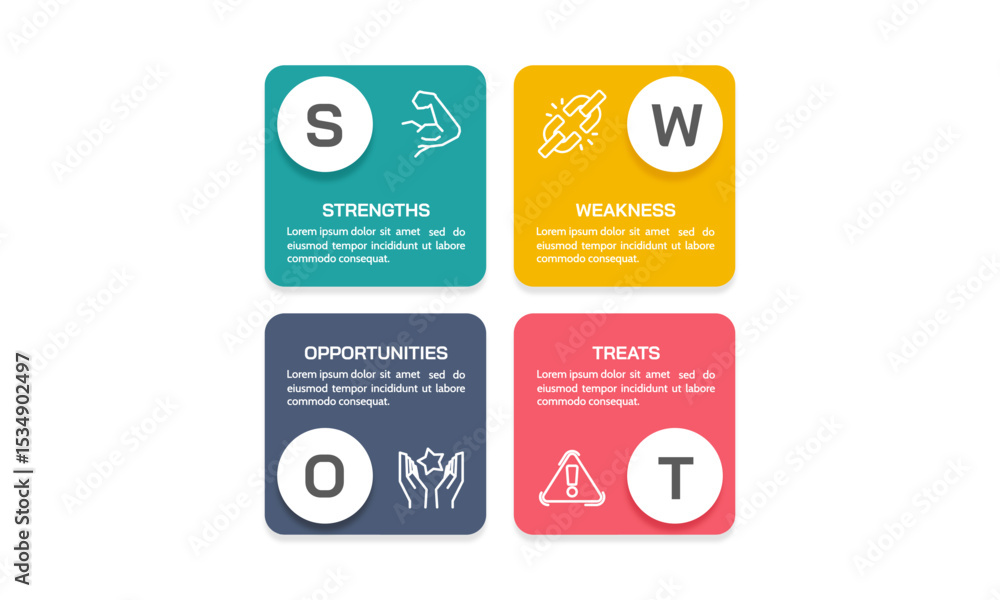 4 element Infographic design template with SWOT analysis concept. Presentation, Plan, Information and Strategy. Vector illustration. 4 element Infographic design template with SWOT analysis concept. Presentation, Plan, Information and Strategy. Vector illustration.