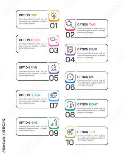 Vertical Infographics 10 options or steps. Presentation, Banner, Brochure, Plan and Strategy. Vector illustration.