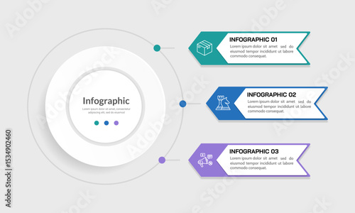 Business visualization 3 options infographic circle and arrow label design template. Brochure, Banner, Plan and Strategy. Vector illustration.