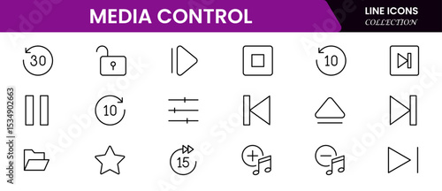 Sleek vector web line icons depicting media control, playback, streaming, volume, and an intuitive digital interface for seamless user interaction.