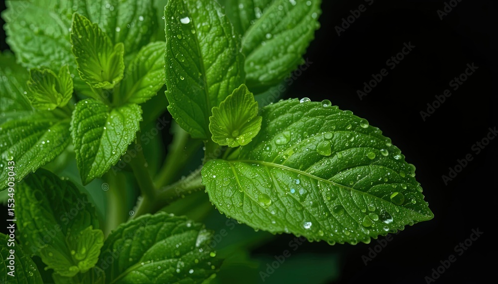 Close-up view of fresh mint leaves covered in water droplets. Close-up view of fresh mint leaves covered in water droplets.