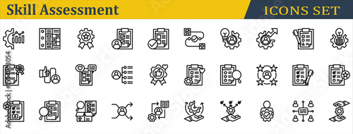 Skill Assessment Icon Set. Containing Appraisal,Mastery,Performance Appraisal,Performance Management,Quality Management,Self Assessment,Technical Support,Time Management. Outline Style