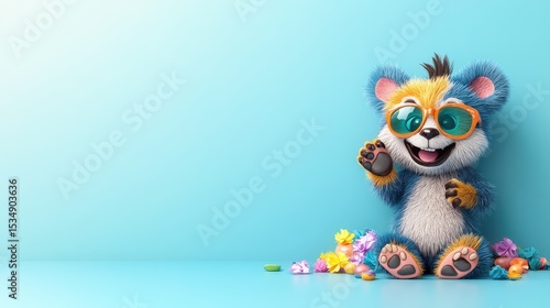 Cute blue cartoon bear with orange glasses sits among colorful flowers, waving and smiling on a light blue background.