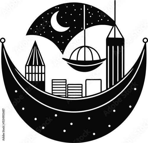 Night Cityscape in Crescent Moon A Dreamlike Black and White Illustration