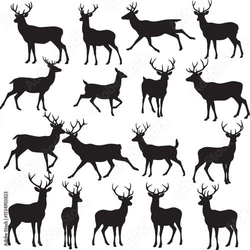 Nineteen deer buck silhouettes in various natural poses with impressive antlers vector set