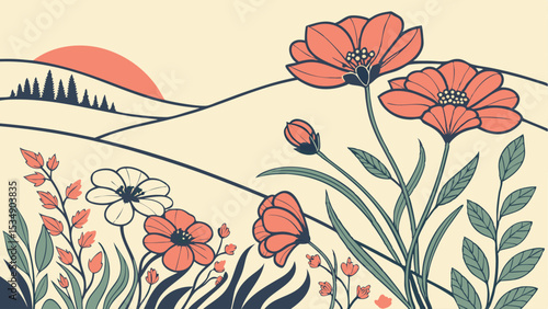 Illustration of a floral meadow with orange flowers and a sunset over rolling hills landscape art