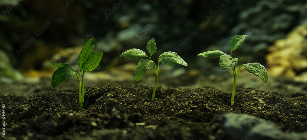 In the center of a flat, isolated backdrop, fertile soil supports the growth of small, vibrant green seedlings that sprout fresh and healthy. In the center of a flat, isolated backdrop, fertile soil supports the growth of small, vibrant green seedlings that sprout fresh and healthy.
