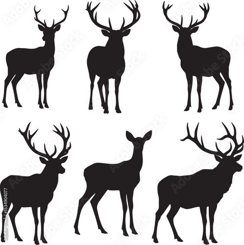 Six deer buck and doe silhouettes with antlers vector set