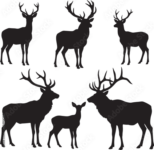 Six distinct deer and buck silhouettes in various poses with impressive antlers vector set