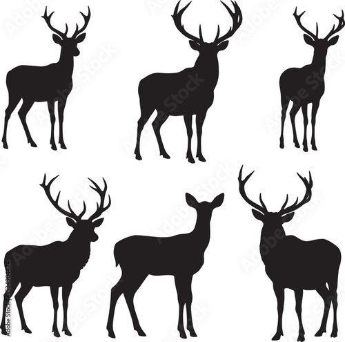 Six diverse deer and doe silhouettes in various standing poses with antlers vector set