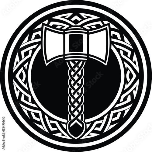 Celtic Knotwork and Norse Battle-Axe Design Black and White Vector Graphic