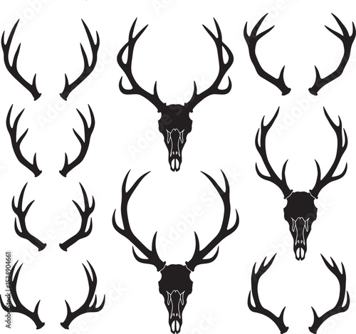 Six individual antler sets and three deer skull and antler silhouettes vector
