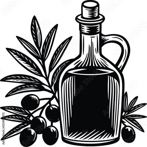 Premium Olive Oil Bottle Illustration Black and White Vintage Design