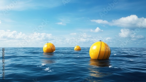 Fototapeta Naklejka Na Ścianę i Meble -  Three yellow buoys float on a calm, blue ocean under a partly cloudy sky.
