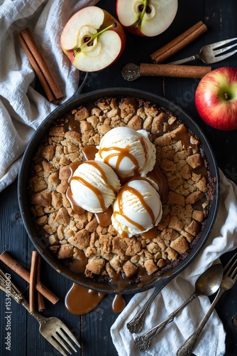 Delicious Apple Crumble with Ice Cream and Caramel Drizzle Top View