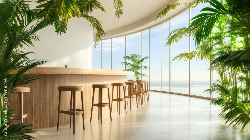 Fototapeta premium A modern bar with wooden stools and lush green plants, featuring large windows and an ocean view, creating a relaxing, tropical atmosphere.