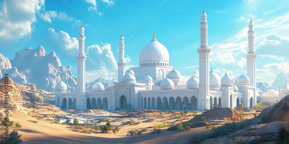Obraz premium Majestic White Mosque with Tall Minarets in Desert Landscape Under Bright Blue Sky