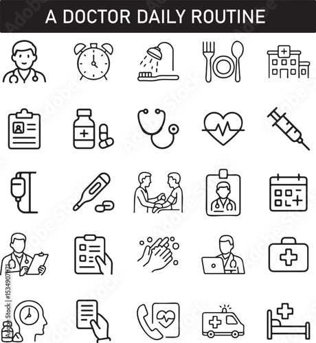 Doctor Daily Routine Icons | Medical Line Art Symbols for Healthcare Work