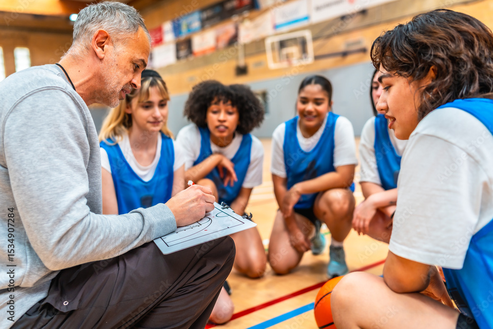 Obraz premium Basketball coach explaining strategy to female team