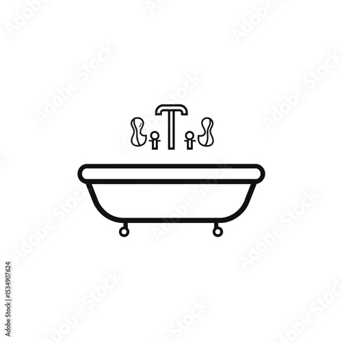 Simple Black Outline of Bathtub and Faucet Fixtures on White Background Illustration
