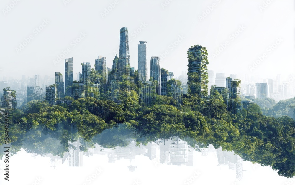 Fototapeta premium Lush Green Cityscape Modern Towers Amidst Trees and Haze