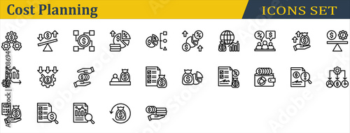 Cost Planning Icon Set. Containing Audit,Budget,Compensation,Cost Management,Cost,Depreciation,Expense,Funding,Income,Investor,Loan,Negotiation,Profit Growth,Return,Saving. Outline Style