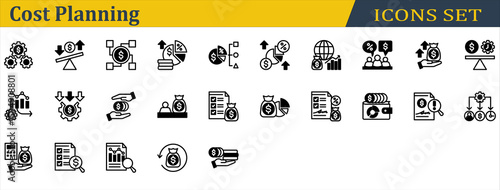 Cost Planning Icon Set. Containing Audit,Budget,Compensation,Cost Management,Cost,Depreciation,Expense,Funding,Income,Investor,Loan,Negotiation,Profit Growth,Return,Saving. Mixed Style