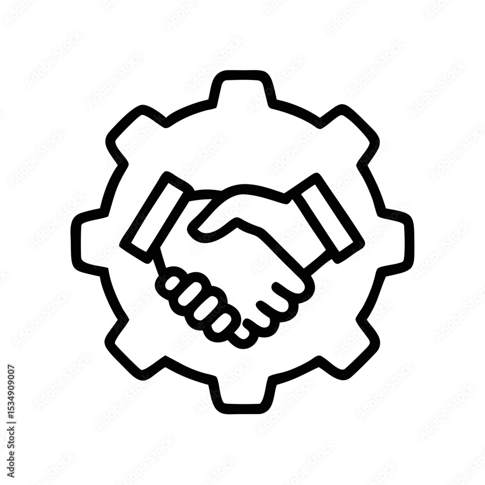 Business Partnership Icon with Handshake and Gear Symbol for Collaboration Business Partnership Icon with Handshake and Gear Symbol for Collaboration