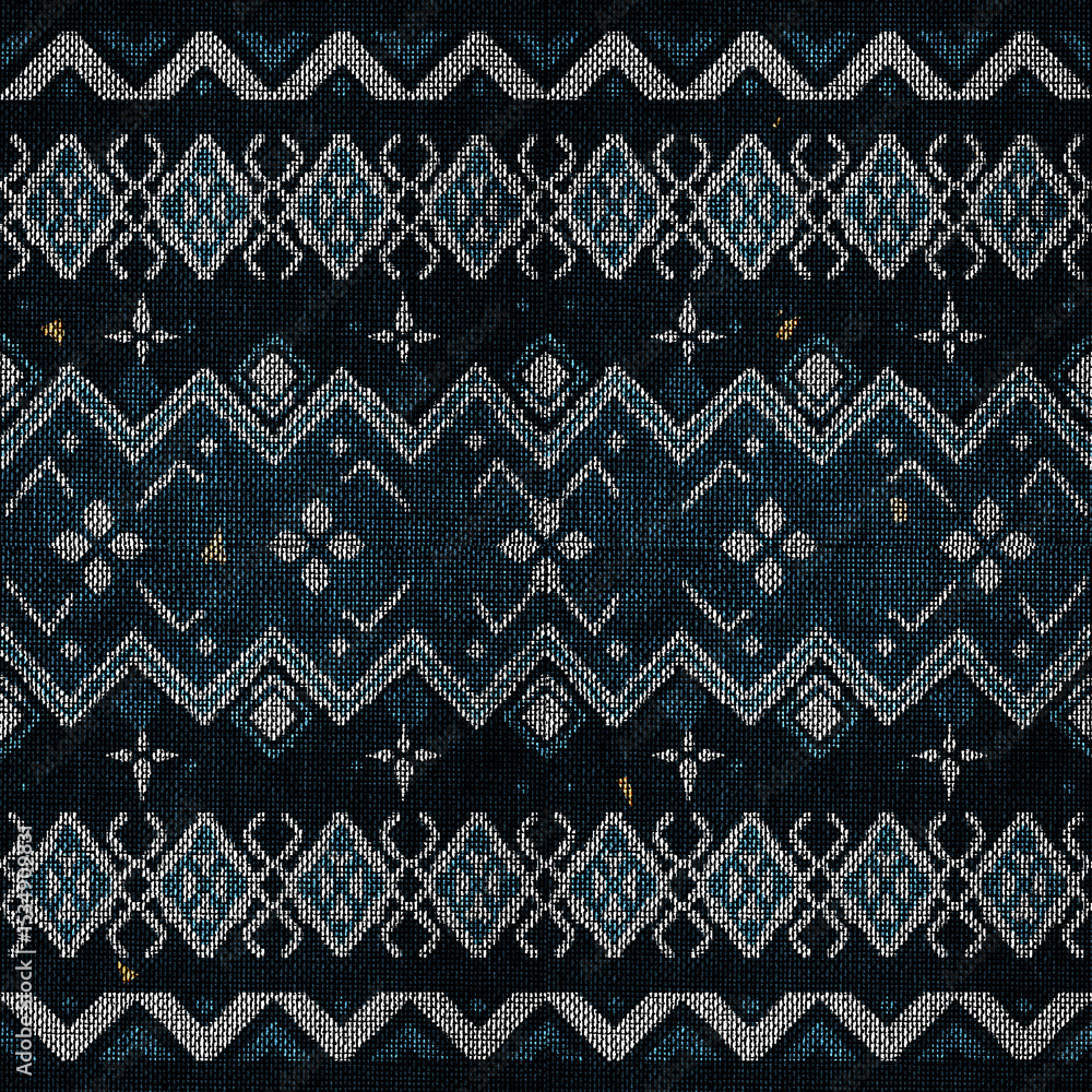 Fototapeta premium Traditional Woven Fabric with Floral and Zigzag Motifs in Blue and WhiteEthnic woven textile featuring symmetrical floral, zigzag, and diamond patterns in blue, white, and black