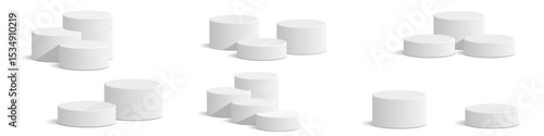 Set Cylinder white podium stage pedestal and platform vector for product display, spotlight presentations, or award ceremonies. It's ideal for minimalist exhibitions, virtual events, elegant showcases