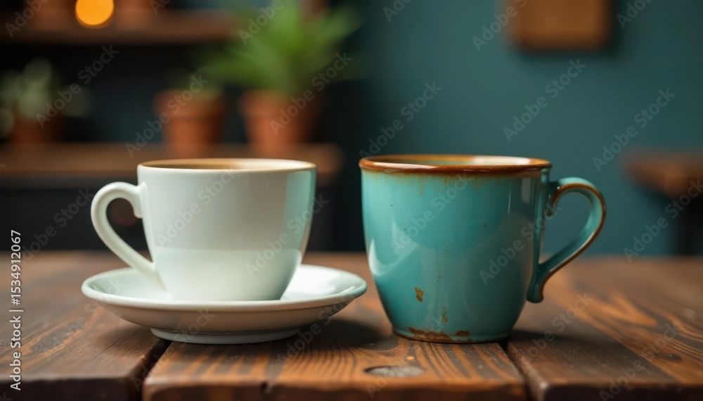 Obraz premium Two empty coffee cups sit on rustic wooden table, empty cups, home