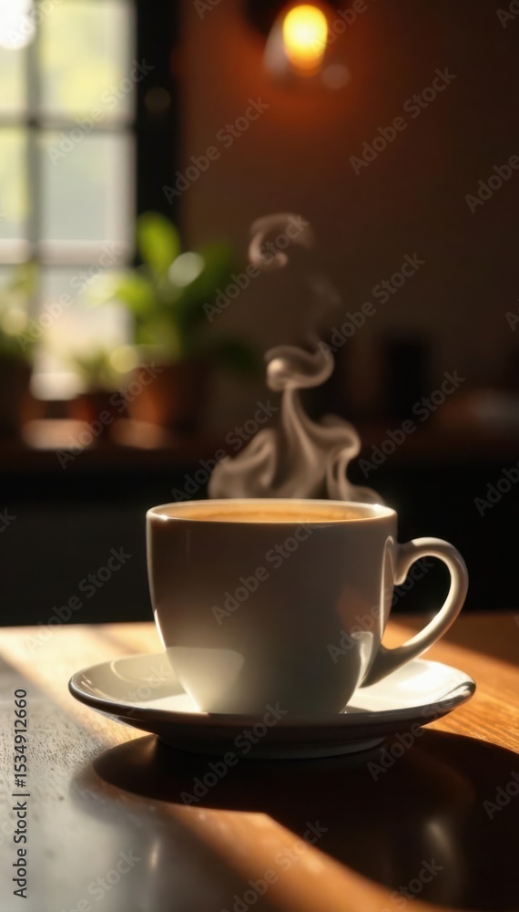 Fototapeta premium Warm coffee steam rises from mug on wooden table, soft bokeh lights , espresso, cafe, texture