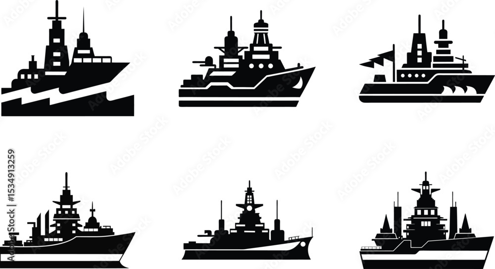 Obraz premium Set of nautical ship and boat silhouettes including cargo, cruise, and fishing vessels, perfect for vector illustrations of sea travel and transportation