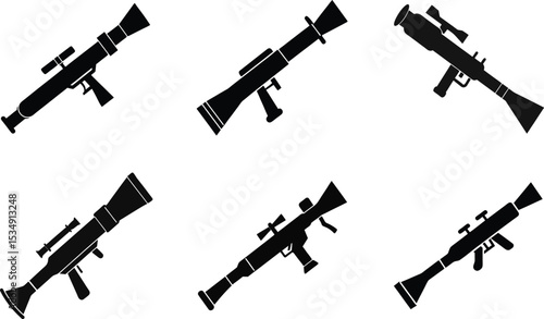 Vector set of isolated black and white weapon icons including guns, rifles, bazooka, pistols, snipers, handguns, and machine guns for military and war illustrations