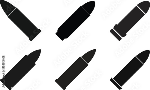 A sleek set of Bullet isolated black and white vector icons depicting essential office and design tools like pens, pencils, brushes, and markers