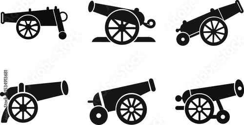 Antique military artillery cannons with wheels, isolated objects for historical war weapon illustrations