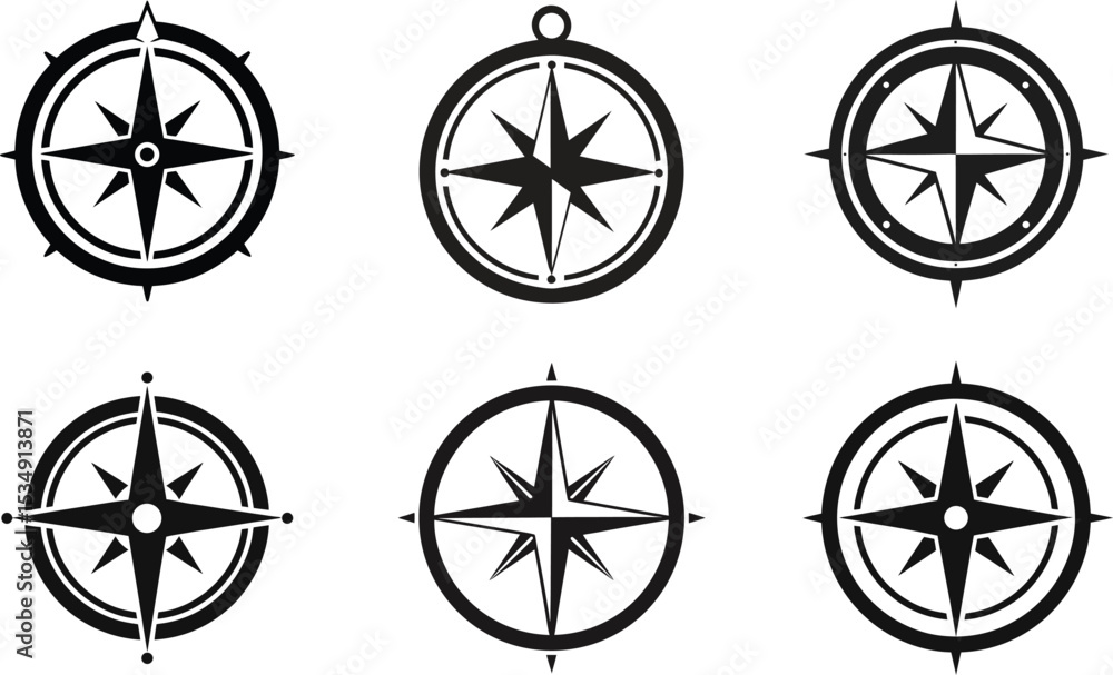 Fototapeta premium Vintage vector compass icon set with wheel and bicycle symbols for travel and transportation design
