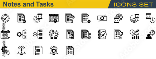 Notes and Tasks Icon Set. Containing Checklist,Deadline,Delay,Notification,Organize,Priority,Progress,Reschedule,Subtask,Task Completed,To Do List. Mixed Style