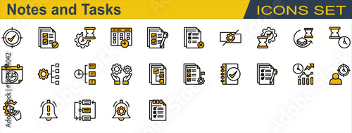 Notes and Tasks Icon Set. Containing Checklist,Deadline,Delay,Notification,Organize,Priority,Progress,Reschedule,Subtask,Task Completed,To Do List. Lineal Color Style