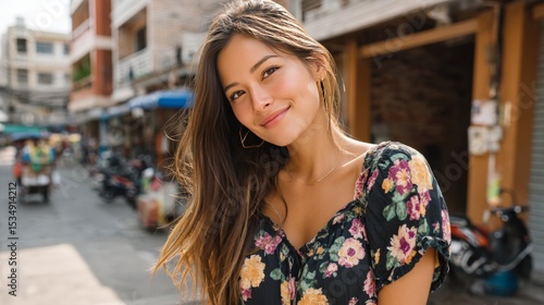 Wallpaper Mural Young woman with long hair smiling outdoors in an urban setting during daytime Torontodigital.ca