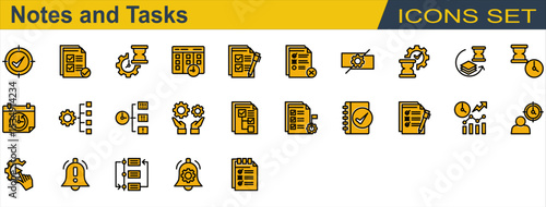 Notes and Tasks Icon Set. Containing Checklist,Deadline,Delay,Notification,Organize,Priority,Progress,Reschedule,Subtask,Task Completed,To Do List. Lineal Color Solid Style
