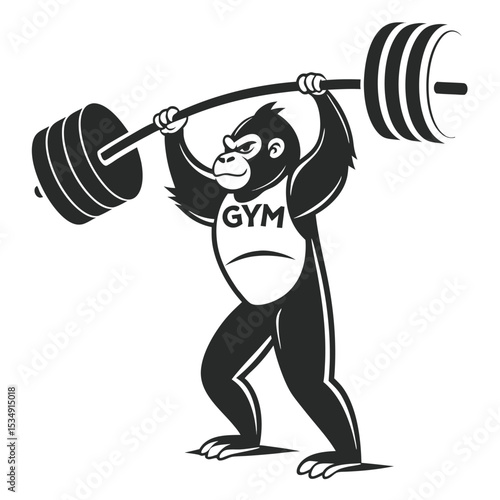 A determined monkey lifting a heavy barbell with weights in a gym setting, showcasing strength and fitness from a straightforward viewpoint.