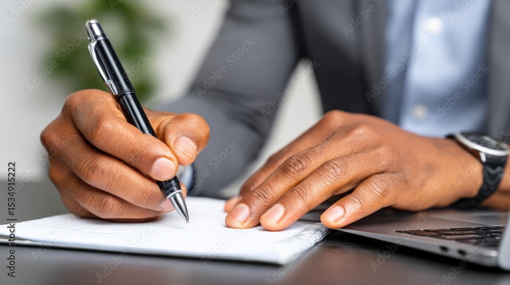 Businessman in a gray suit writes on a notepad with a pen during a meeting or work session Businessman in a gray suit writes on a notepad with a pen during a meeting or work session