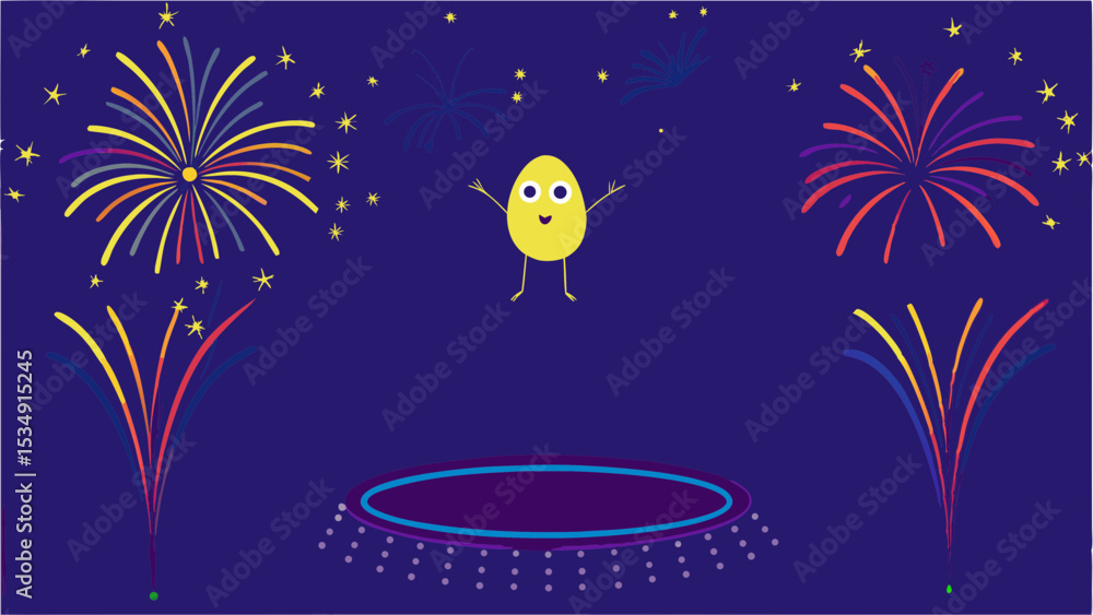 Naklejka premium Cartoon egg character celebrates with fireworks above a trampoline at night under starry sky