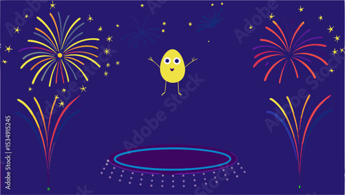 Cartoon egg character celebrates with fireworks above a trampoline at night under starry sky
