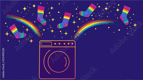 A washing machine with rainbows and socks flying out of it against a starry night background scene