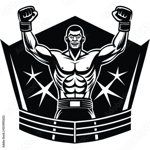 Triumphant boxer standing victorious in the ring with raised fists and a confident expression surrounded by sparkling stars