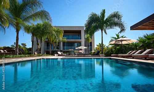 Wallpaper Mural Serene Turquoise Pool Water Villa with Palm Trees and Sun Loungers Under Clear Sky in the Summer Daylight Torontodigital.ca